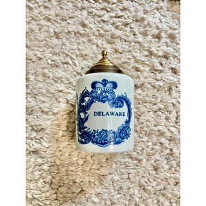 Delft Holland Hand Painted Delaware Ceramic Tobacco Tea Jar Brass Lid